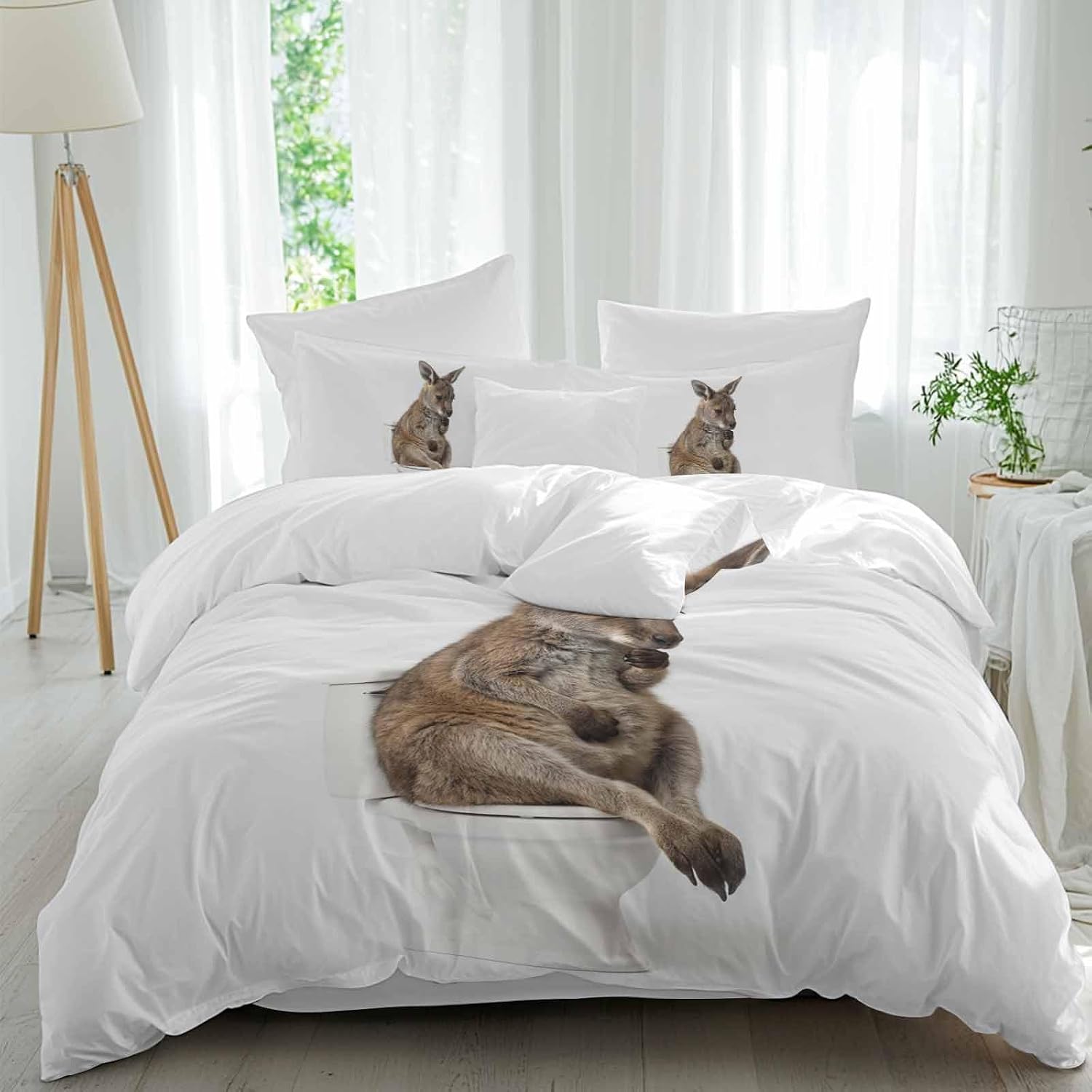 Kangaroo Sitting on The Toilet Thinking Duvet Cover Set Queen Size 4 Pieces Abstract Funny Animal Bedding Set with Zipper Closure, 1 Comforter Cover 90x92 Inches 1 Flat Sheet & 2 Pillow Cases