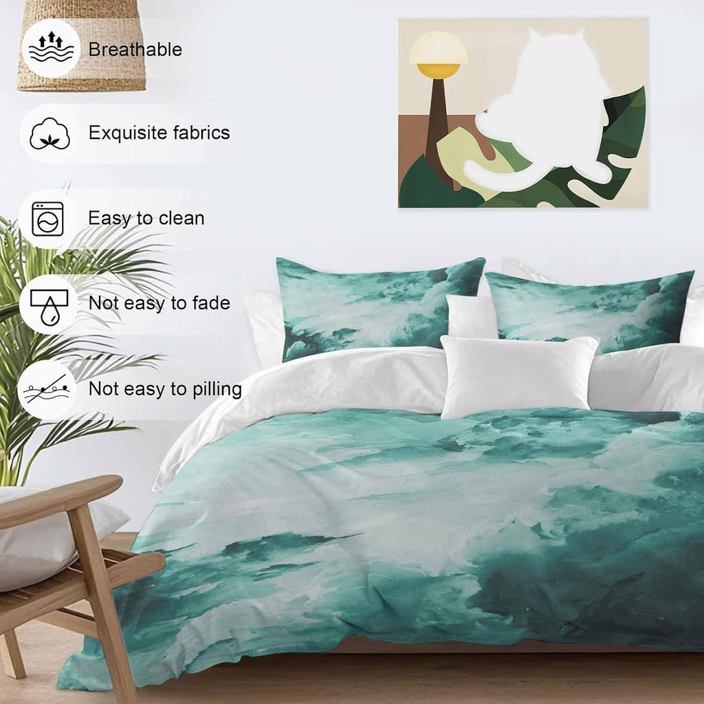 Prime Leader Clouds Duvet Cover Set Queen Size 4 Pieces Abstract Gradient Green Clouds Sky Bedding Set with Zipper Closure, 1 Comforter Cover 86x86 Inches 1 Flat Sheet & 2 Pillow Cases