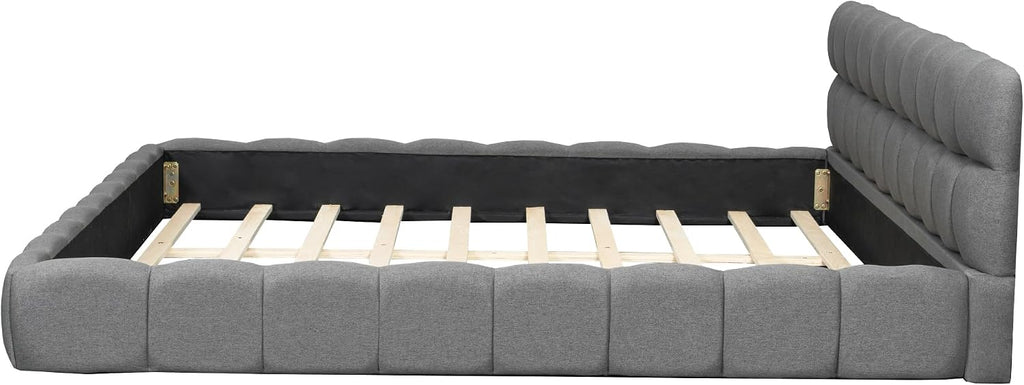 King Size Upholstered Platform Bed with Thick Fabric, Grounded Bed with Solid Frame, Gray