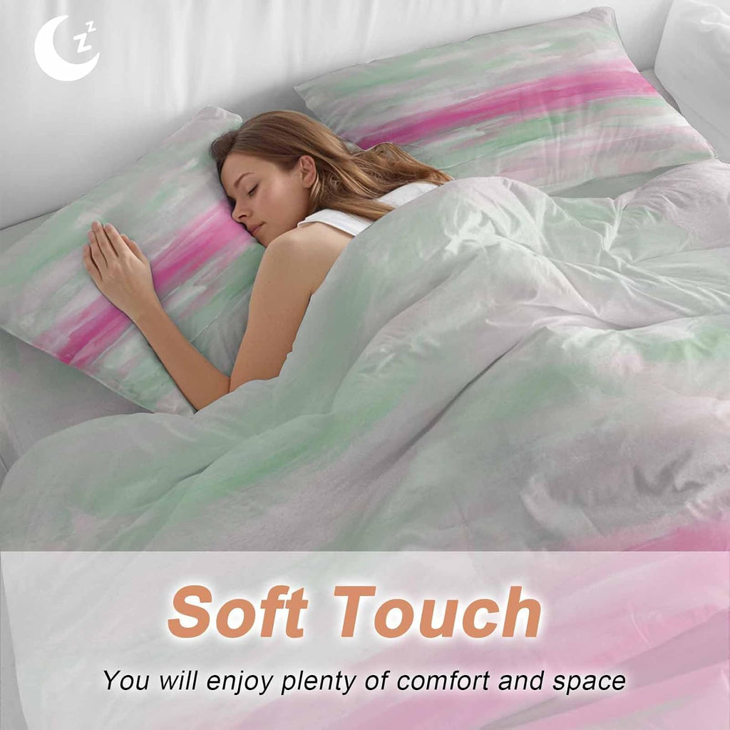 Abstract Sunset Duvet Cover Set Queen Size 4 Pieces Pink Green White Gradient Modern Oil Painting Bedding Set with Zipper Closure, 1 Comforter Cover 90x92 Inches 1 Flat Sheet & 2 Pillow Cases