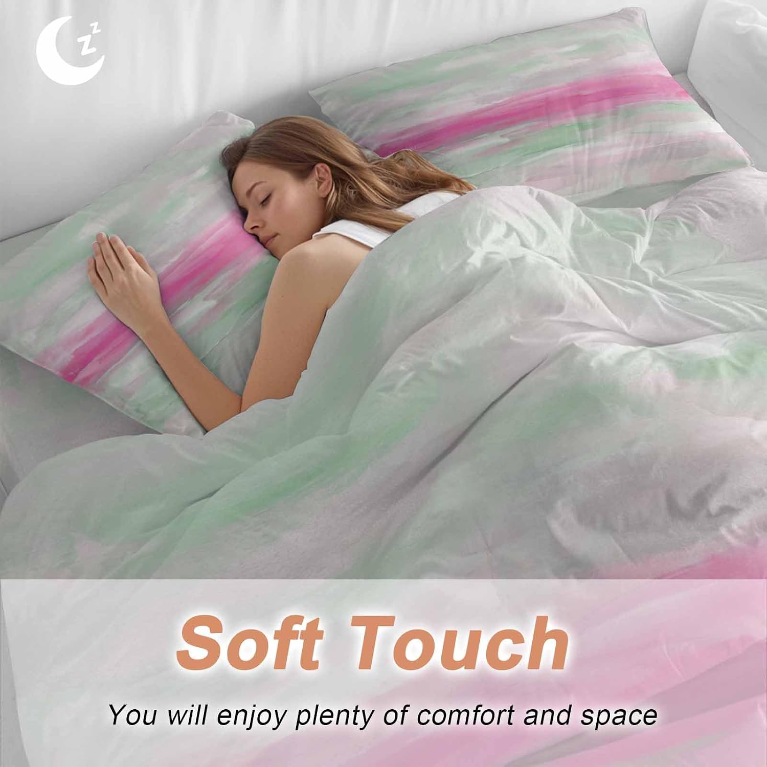 Abstract Sunset Duvet Cover Set Queen Size 4 Pieces Pink Green White Gradient Modern Oil Painting Bedding Set with Zipper Closure, 1 Comforter Cover 90x92 Inches 1 Flat Sheet & 2 Pillow Cases