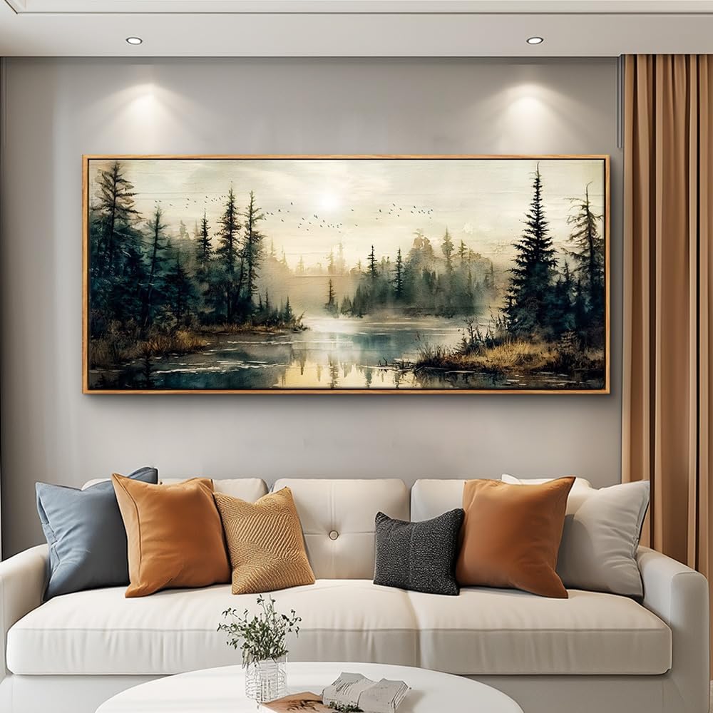 FUHAIHUA Wood Framed Large Wall Decor For Living Room Canvas Wall Art For Office Farmhouse Wall Decorations For Bedroom Forest River Landscape Paintings Modern Pictures Artwork Room Home Decor 32x72 In