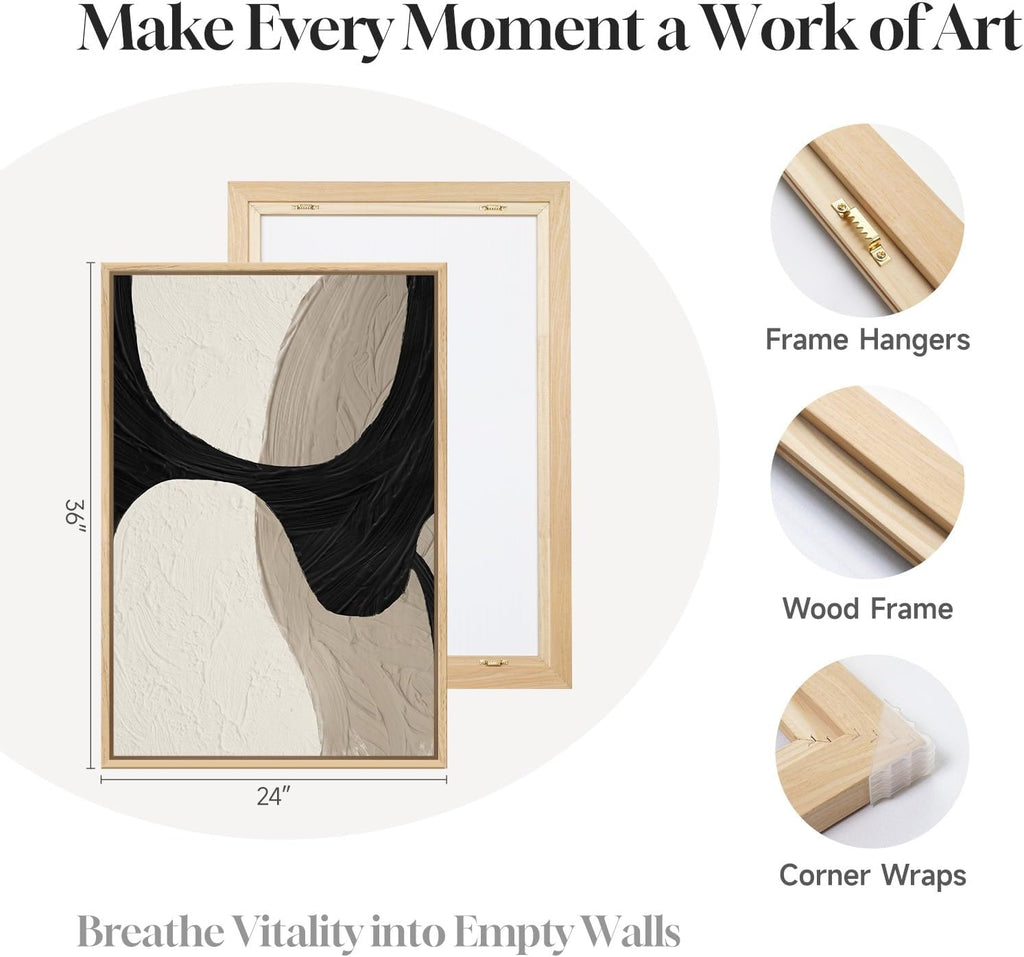 Large Framed Neutral Abstract Wall Art for Living Room, 3 Piece Black and Beige Canvas Artwork for Walls, Abstract Modern Minimalist Painting Prints Wall Decor for Hallway Dining Room Office, 24x36 In