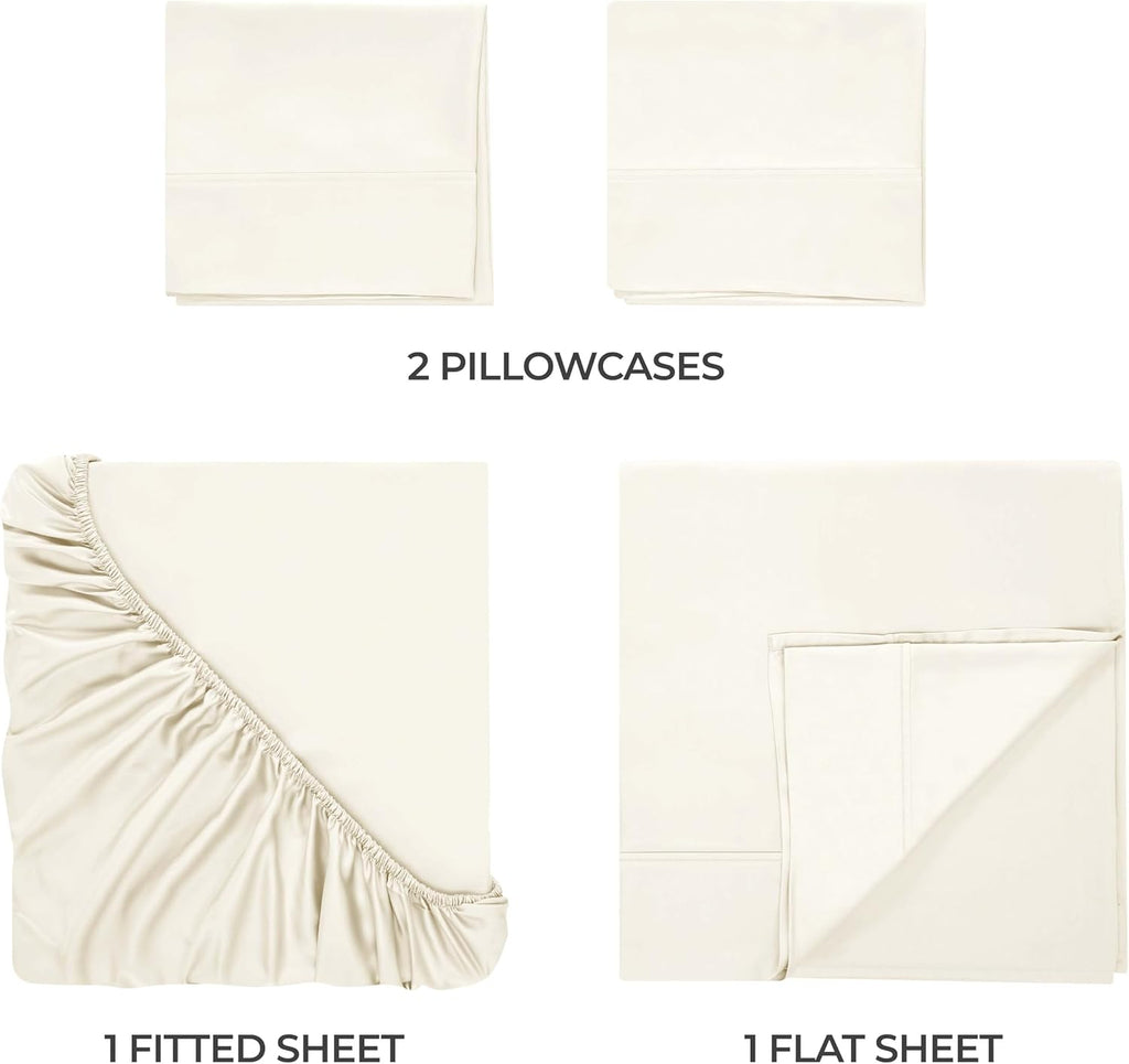 Superior Egyptian Cotton 400 Thread Count Bed Sheet Set, 1 Elastic Deep Pocket Fitted Sheet, 1 Flat Sheet, 2 Pillowcases, Soft Bedding, Luxury Sheets, Sateen Weave, Queen Size, Ivory