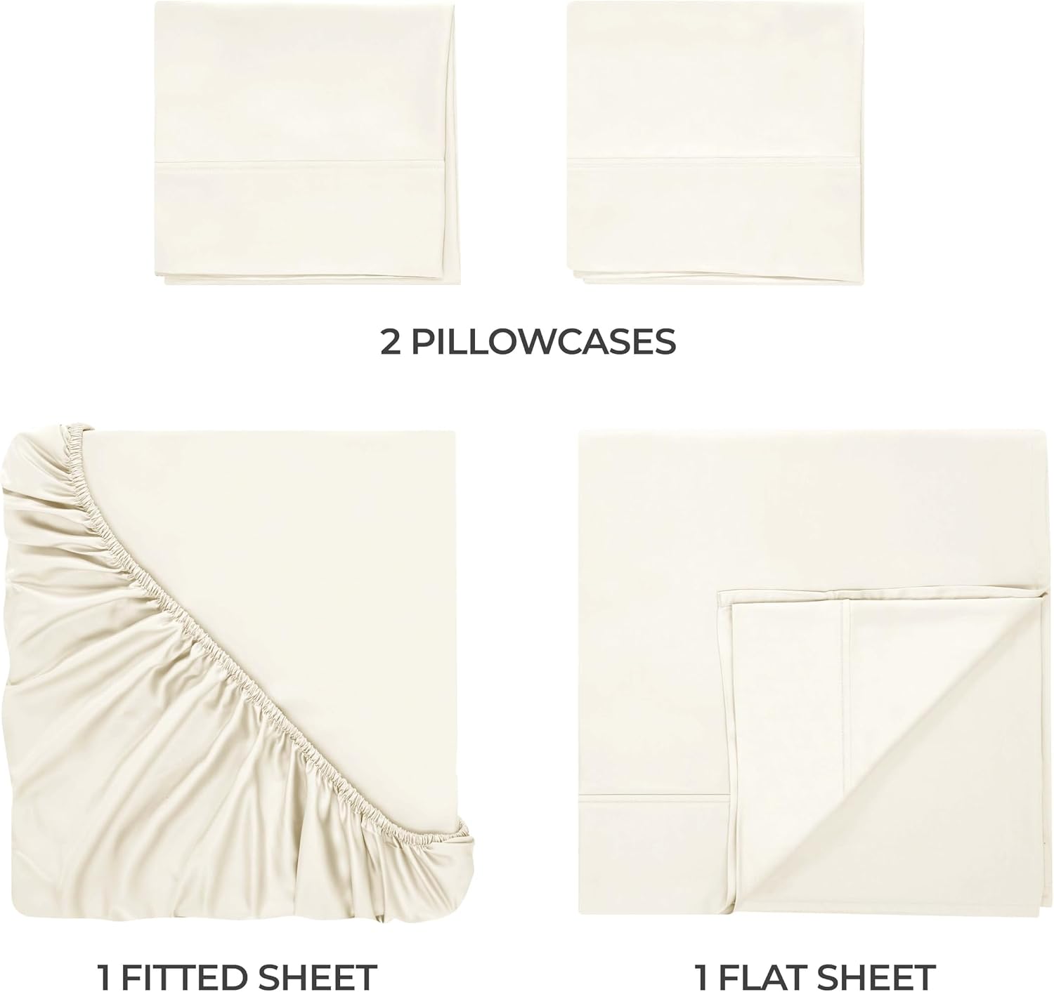 Superior Egyptian Cotton 400 Thread Count Bed Sheet Set, 1 Elastic Deep Pocket Fitted Sheet, 1 Flat Sheet, 2 Pillowcases, Soft Bedding, Luxury Sheets, Sateen Weave, Queen Size, Ivory