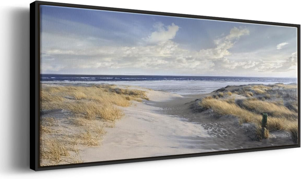 Renditions Gallery Floater Framed Home Decor Coastal Dunes Path Painting Canvas Home Decorations for Lounge Drawing Room Balcony Kitchen - 20'x50' Black Frame LT618
