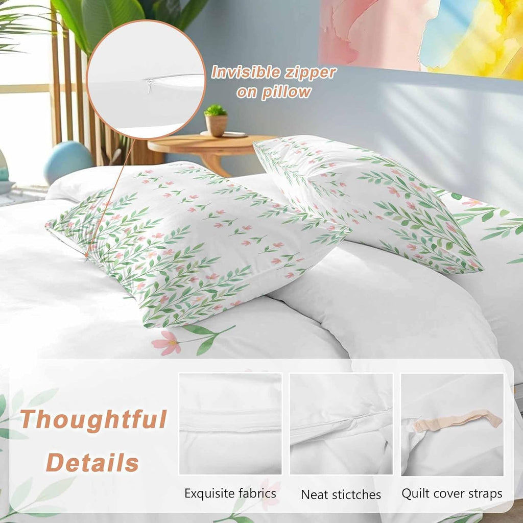Prime Leader Spring Green Leaf Duvet Cover Set Queen Size 4 Pieces Watercolor Pink Flower Simple Country Bedding Set with Zipper Closure, 1 Comforter Cover 90x92 Inches 1 Flat Sheet & 2 Pillow Cases