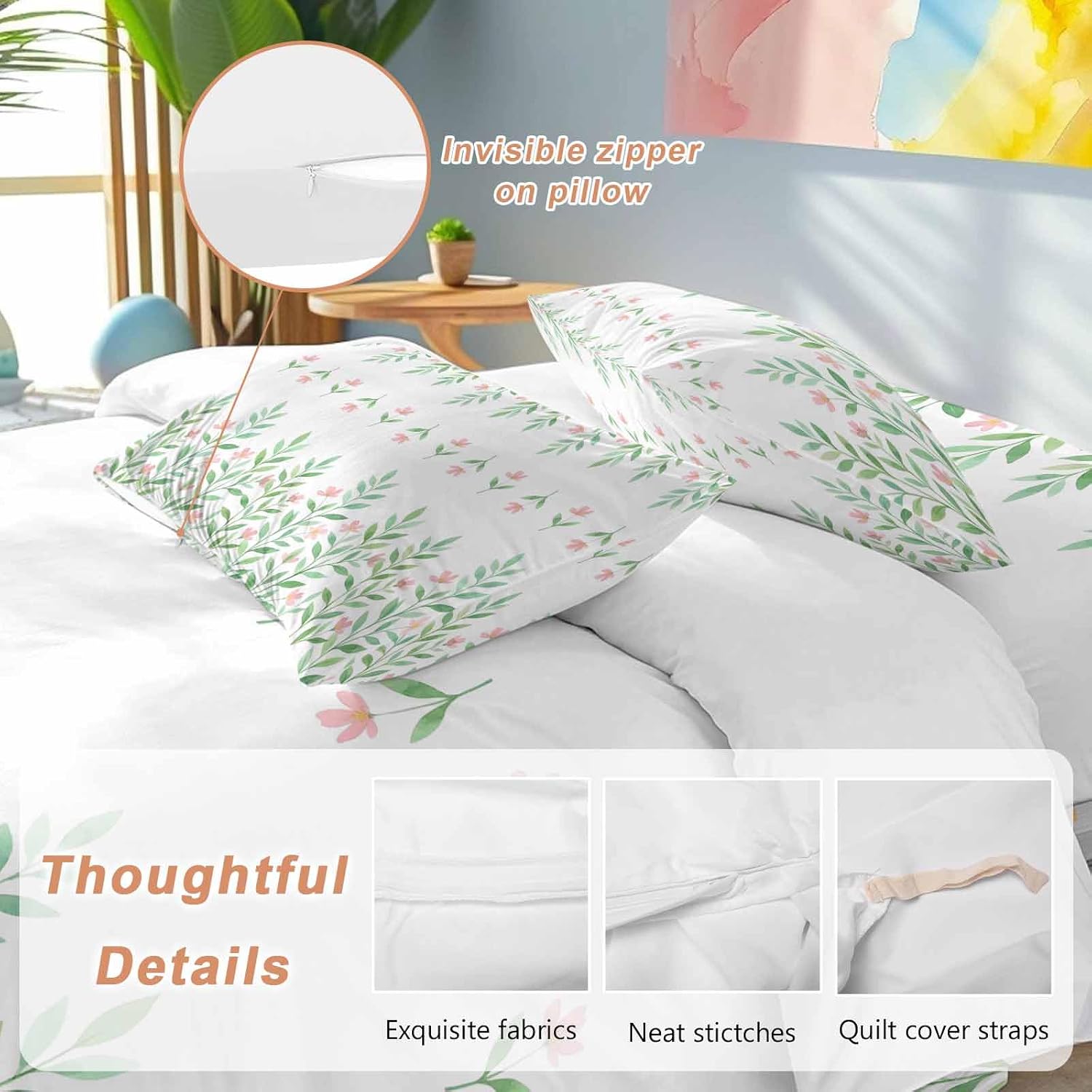 Prime Leader Spring Green Leaf Duvet Cover Set Queen Size 4 Pieces Watercolor Pink Flower Simple Country Bedding Set with Zipper Closure, 1 Comforter Cover 92x106 Inches 1 Flat Sheet & 2 Pillow Cases