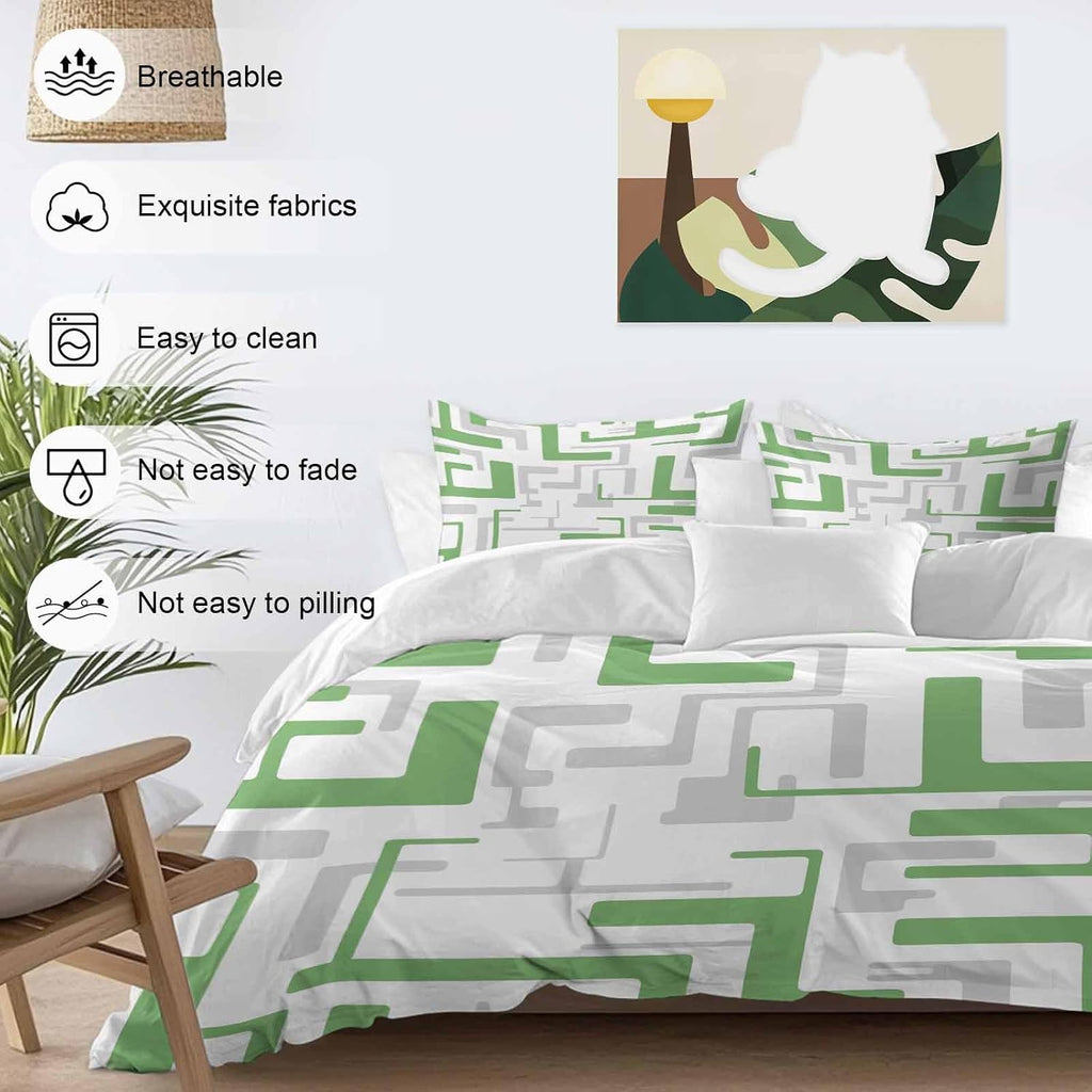 Prime Leader Green Gray Geometric Stripes Duvet Cover Set Queen Size 4 Pieces Modern Abstract Lines Maze Bedding Set with Zipper Closure, 1 Comforter Cover 92x106 Inches 1 Flat Sheet & 2 Pillow Cases