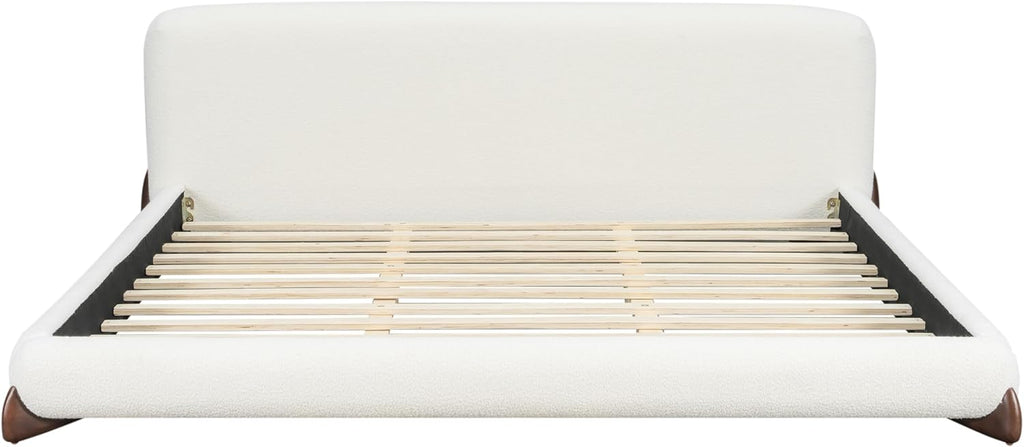 Christopher Knight Home Salden King Size Platform Bed Frame, Boucle Fabric King Size Bed Frame and Headboard, Modern King Bed Set, Wooden Slat Support, No Box Spring Needed, Easy Assembly, White