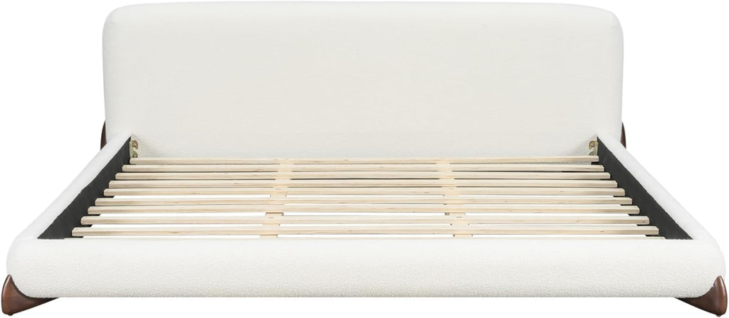 Christopher Knight Home Salden California King Size Bed Frame with Headboard, Boucle Upholstered California King Bed Frame and Headboard, Wooden Slat Support, No Box Spring Needed, White