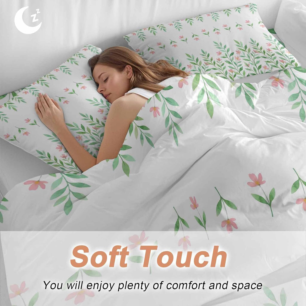 Prime Leader Spring Green Leaf Duvet Cover Set Queen Size 4 Pieces Watercolor Pink Flower Simple Country Bedding Set with Zipper Closure, 1 Comforter Cover 90x92 Inches 1 Flat Sheet & 2 Pillow Cases