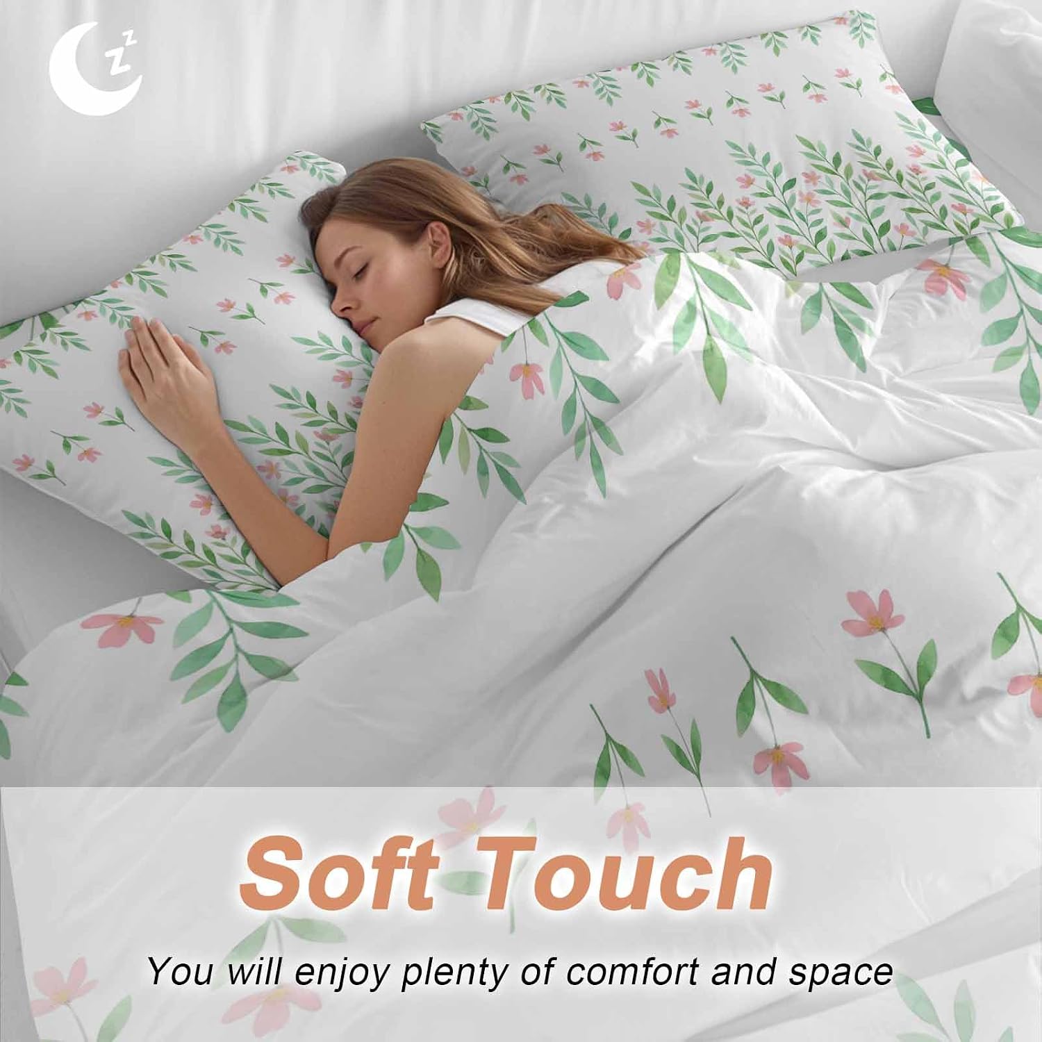 Prime Leader Spring Green Leaf Duvet Cover Set Queen Size 4 Pieces Watercolor Pink Flower Simple Country Bedding Set with Zipper Closure, 1 Comforter Cover 86x86 Inches 1 Flat Sheet & 2 Pillow Cases