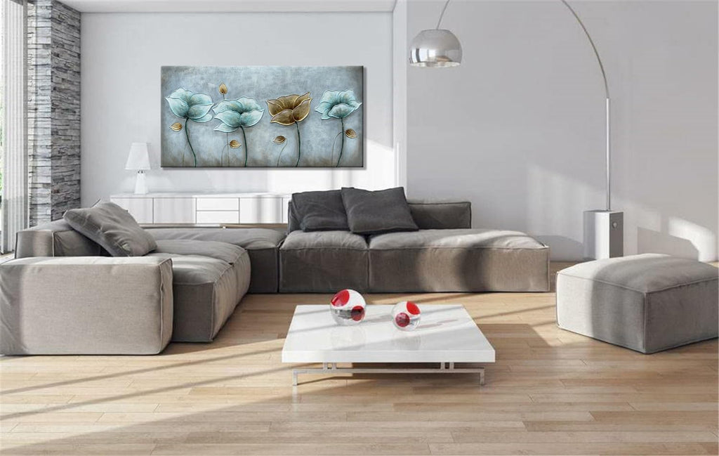 Alenoss 3D Large Oil Paintings on Canvas Wall Art 60x30 Inches Hand Painting Metal Luster Lotus Artwork Abstract Paintings Floral Wall Decor Texture Wall Art for Home Decorations
