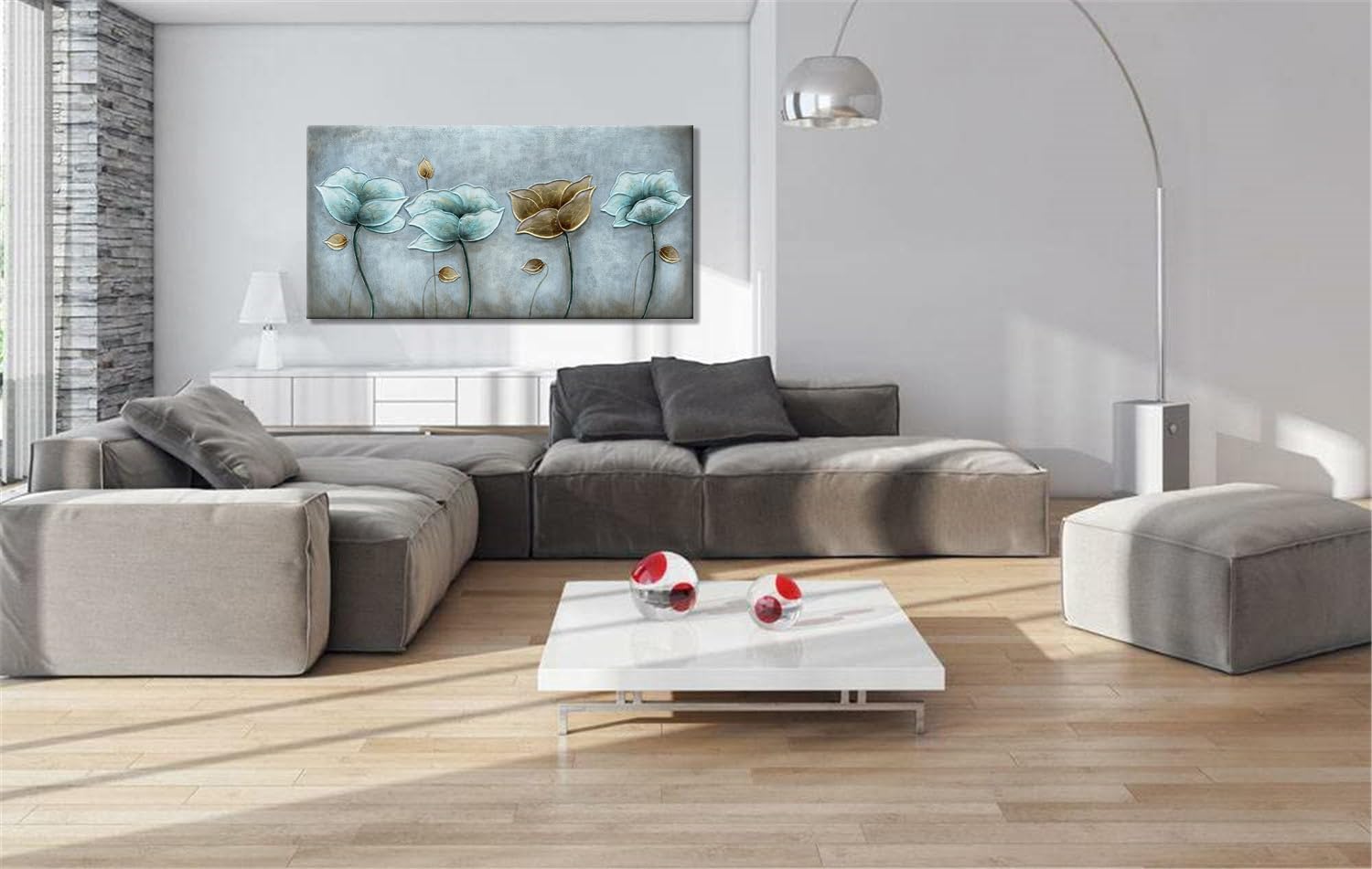 Alenoss 3D Large Oil Paintings on Canvas Wall Art 60x30 Inches Hand Painting Metal Luster Lotus Artwork Abstract Paintings Floral Wall Decor Texture Wall Art for Home Decorations