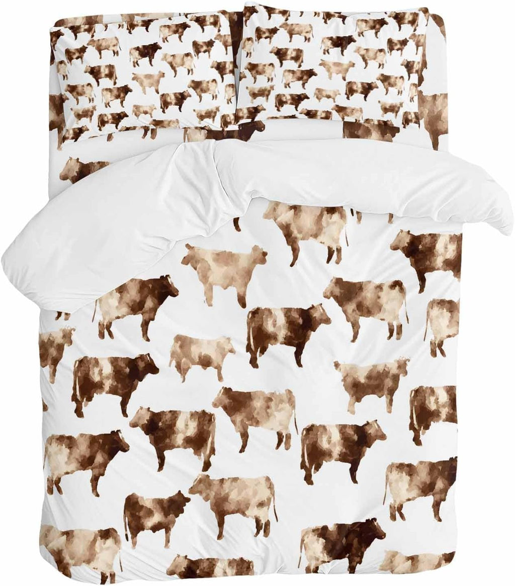 Prime Leader Farmhouse Cow Duvet Cover Set Queen Size 4 Pieces Watercolors Beige Brown Rustic Farm Animal Bedding Set with Zipper Closure, 1 Comforter Cover 86x86 Inches 1 Flat Sheet & 2 Pillow Cases