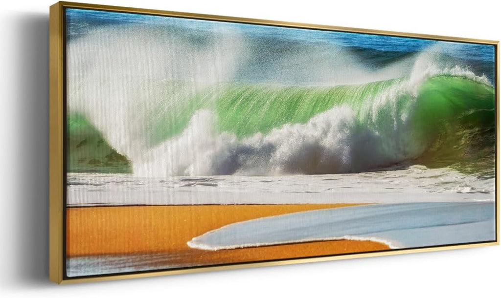 Renditions Gallery Floater Framed Home Decor Green Ocean Waves Painting Canvas Wall Hangings for Office Bedroom Kitchen Lobby - 24'x60' Gold Frame LT618