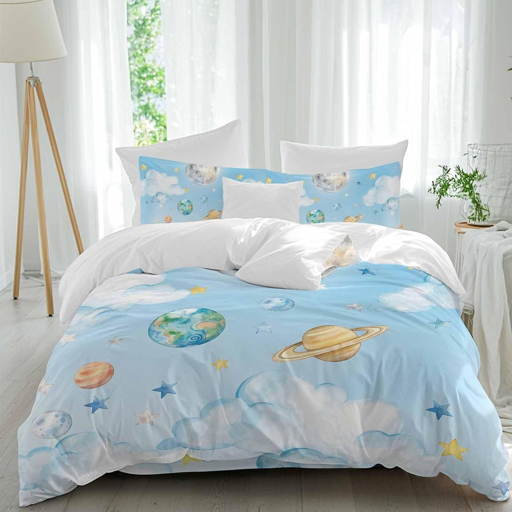Prime Leader Planets Blue Sky Duvet Cover Set Queen Size 4 Pieces Earth Moon Yellow Star Clouds Dreamy Bedding Set with Zipper Closure, 1 Comforter Cover 90x92 Inches 1 Flat Sheet & 2 Pillow Cases