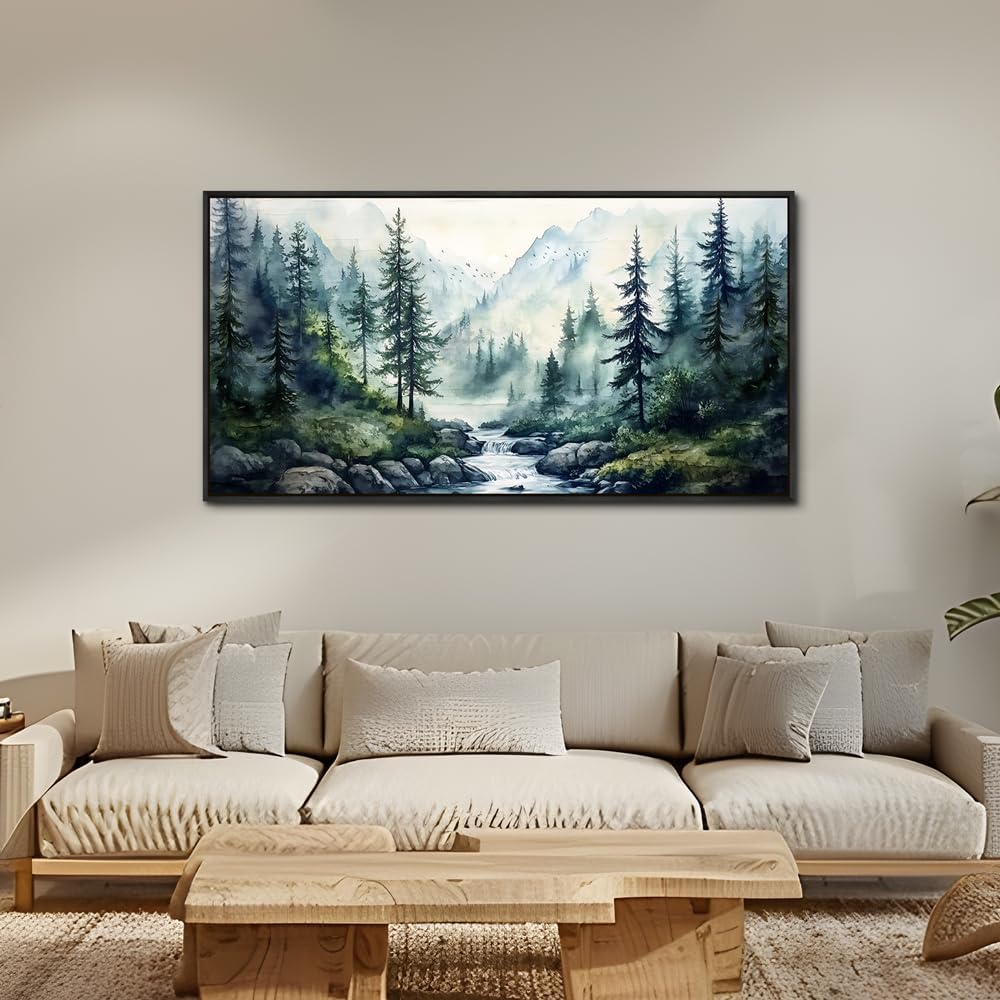 ZUITINGHUA Large Black Framed Wall Decor For Living Room Canvas Wall Art For Office Modern Wall Decorations For Bedroom Misty Forest Painting Tree landscape Pictures Artwork Home Decor 24x48 In