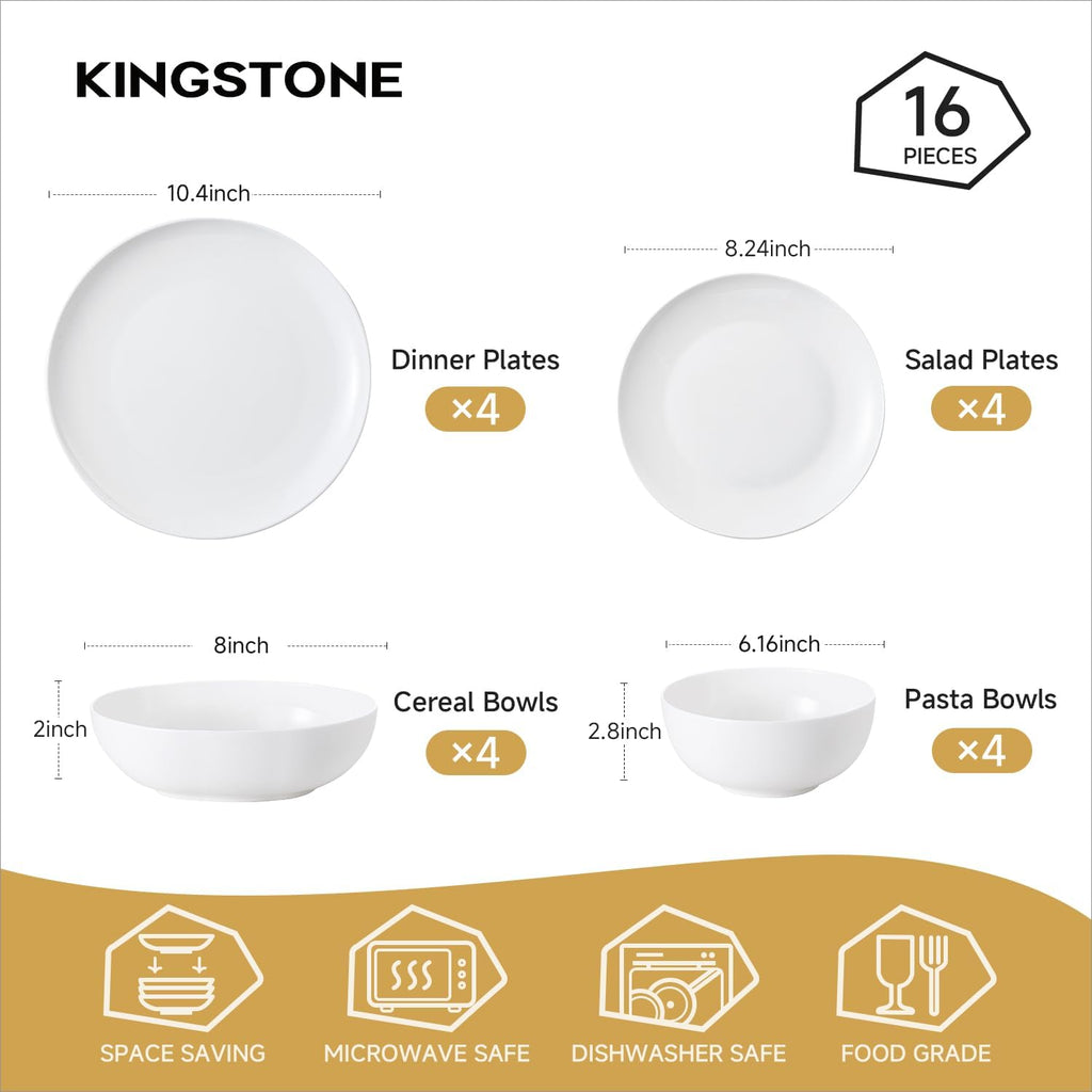 KINGSTONE 16-Piece Bone China Dinnerware Sets for 4, Lightweight Porcelain Dish Serving Plates and Bowls Sets, Durable Scratch Resistant Dinner Set, Microwave & Dishwasher Safe, Ivory White