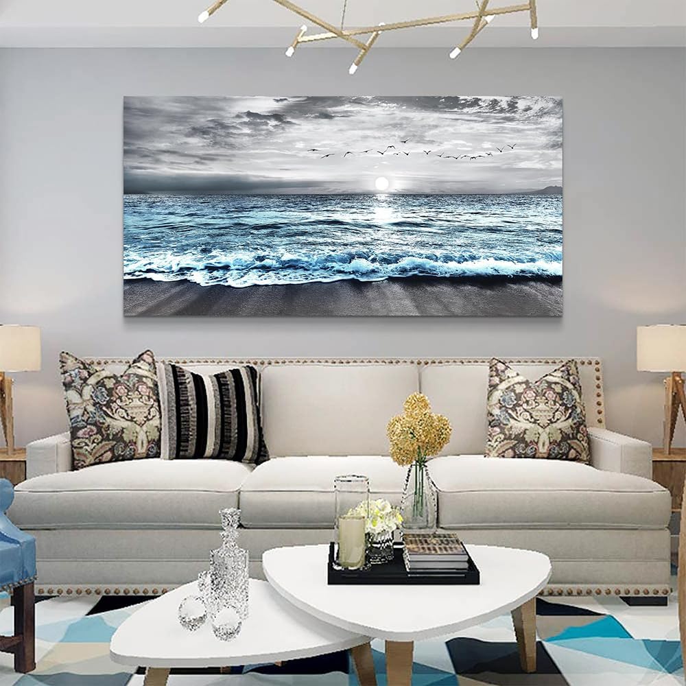 Large Size Wall Decorations For Living Room Framed Canvas Wall Art For Bedroom Office Wall Decor Black And White Wall Painting Blue Ocean Sea Wave Pictures Artwork Beach Posters Home Decor 30' X60