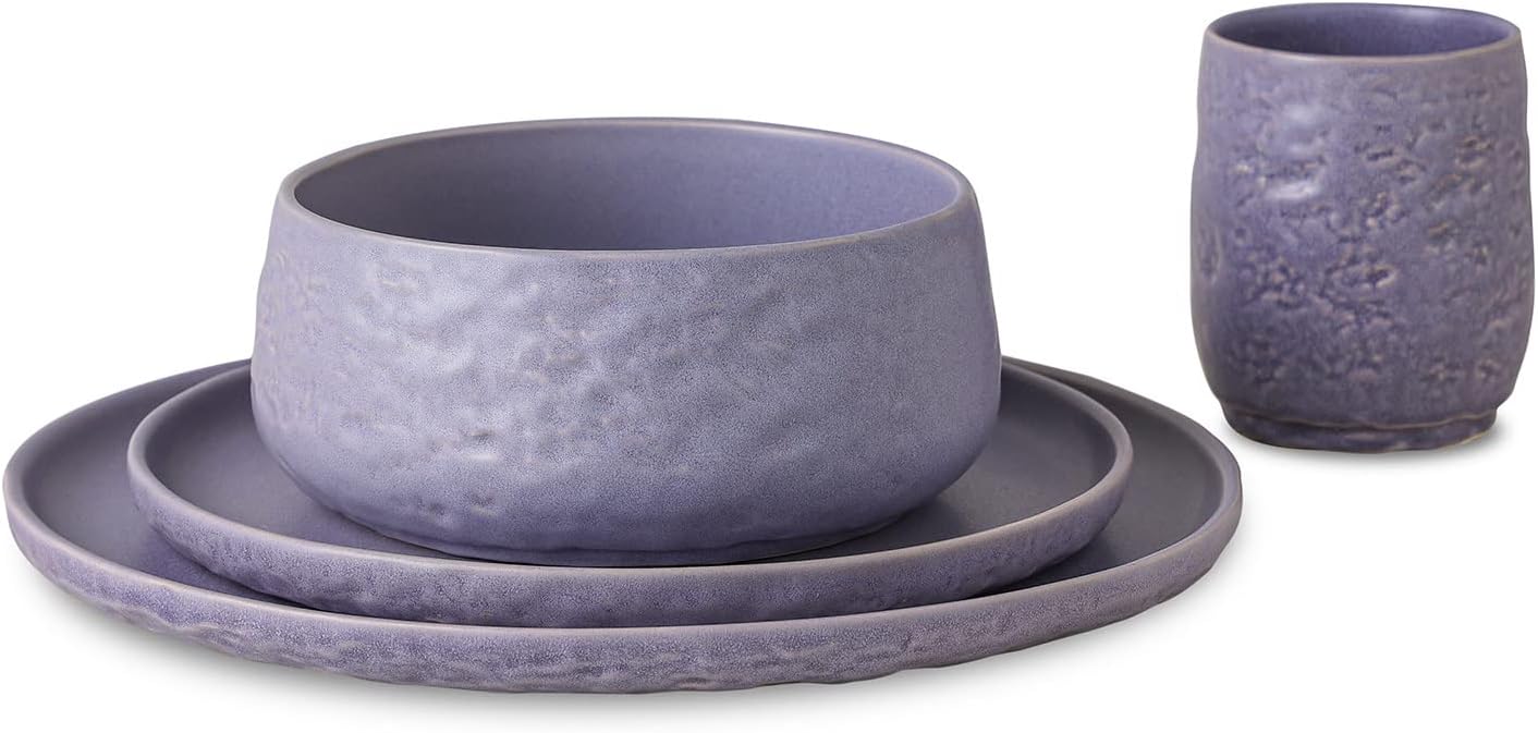 Stone by Mercer Project SHOSAI 16-Piece Stoneware Dinnerware Set, Plates and Bowls Set, Modern Dishware set fo 4, Lavender