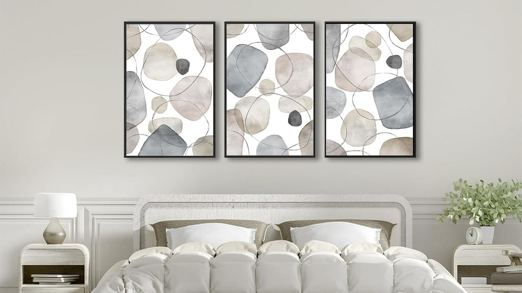 Large Abstract Canvas Wall Art - Geometric Framed Wall Decor Modern Circles and Lines Paintings Light Colors Minimalist Pictures for Living Room Bedroom Office Bathroom 24' X 36' X 3 Panels