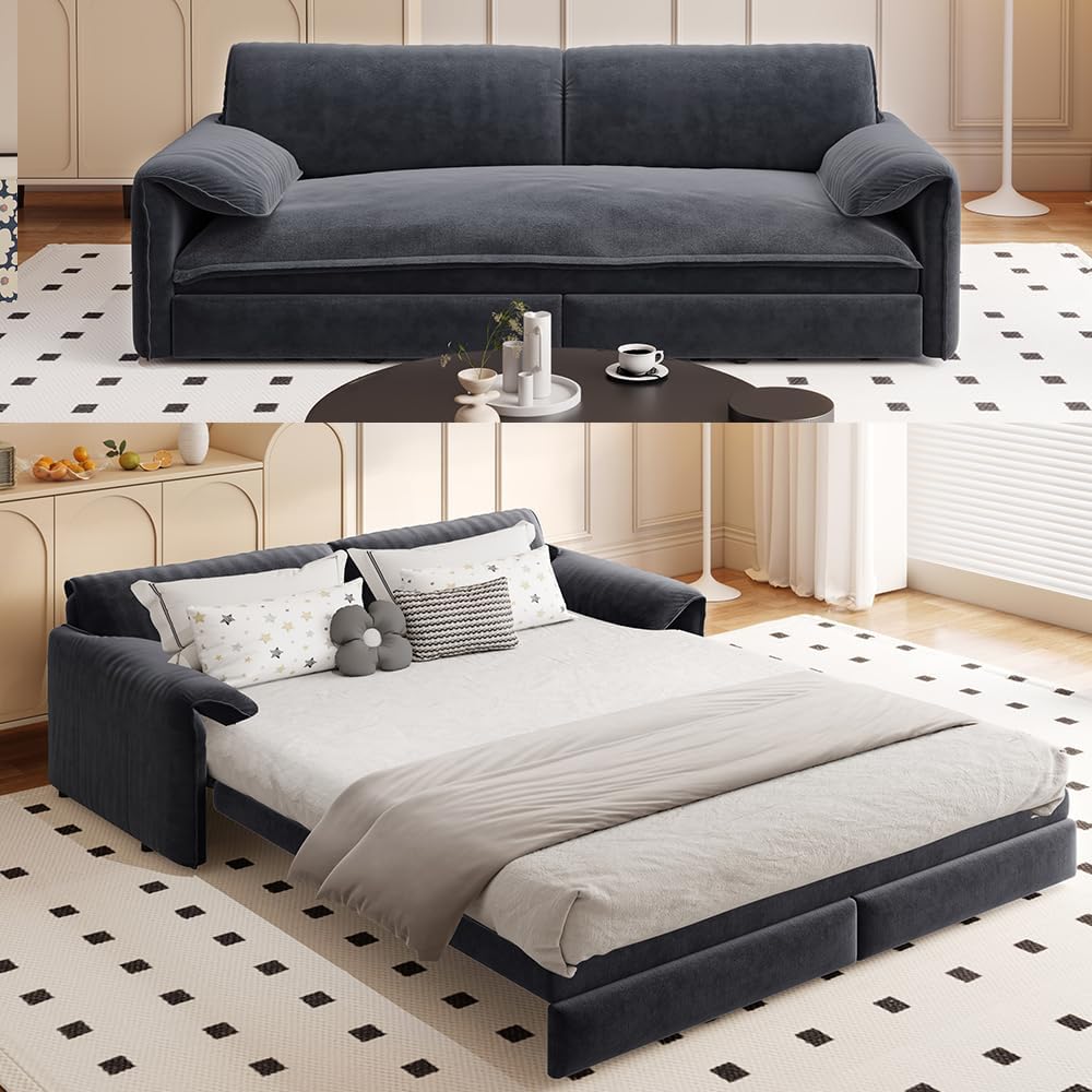 WILLIAMSPACE 66' Queen Pull Out Sofa Bed, 3-in-1 Velvet Convertible Sleeper Sofa Couch with Side Storage, Multi-Functional Loveseat Bed Pull Out Couch for Living Room, Apartment (Gray)