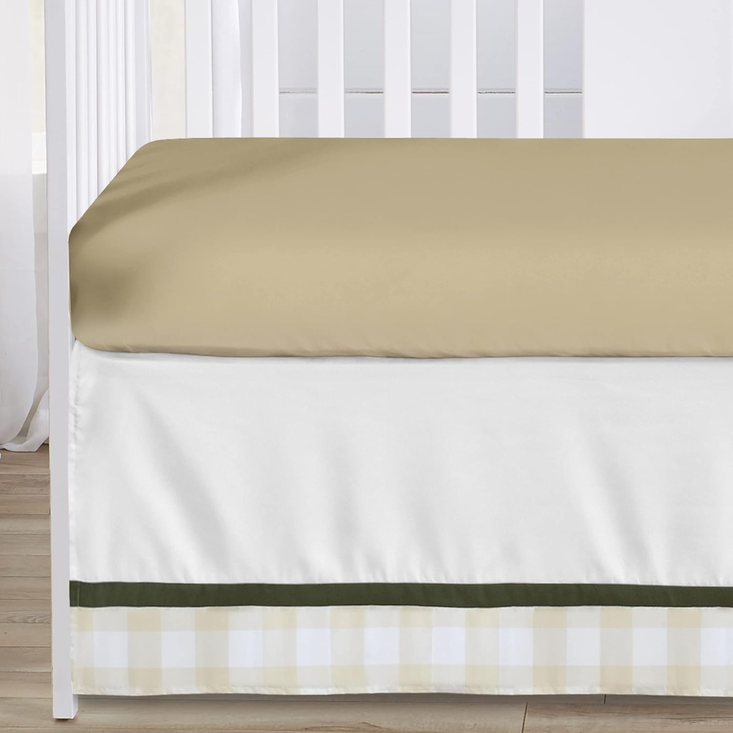 Sweet Jojo Designs 4-Piece Baby Crib Bedding Set (Woodland Camo Deer) for Boys, Infants/Nursery incl. Blanket, Fitted Sheet, Skirt, Diaper Stacker (Forest Green, Camouflage, Rustic, Stag, Beige Plaid)