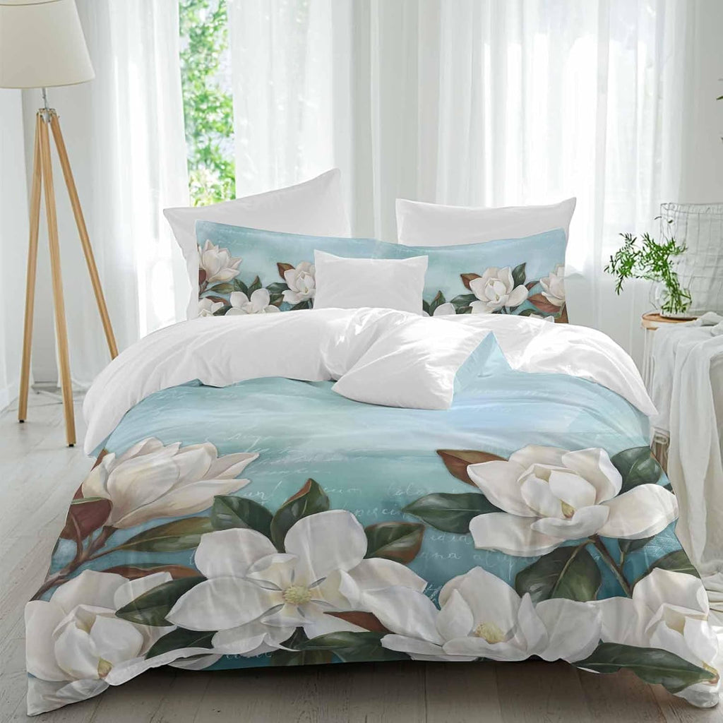 White Floral Duvet Cover Set Queen Size 4 Pieces Spring White Magnolia Vintage Plants Farmhouse Farm Blue Bedding Set with Zipper Closure, 1 Comforter Cover 86x86 Inches 1 Flat Sheet & 2 Pillow Cases