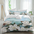 White Floral Duvet Cover Set Queen Size 4 Pieces Spring White Magnolia Vintage Plants Farmhouse Farm Blue Bedding Set with Zipper Closure, 1 Comforter Cover 86x86 Inches 1 Flat Sheet & 2 Pillow Cases