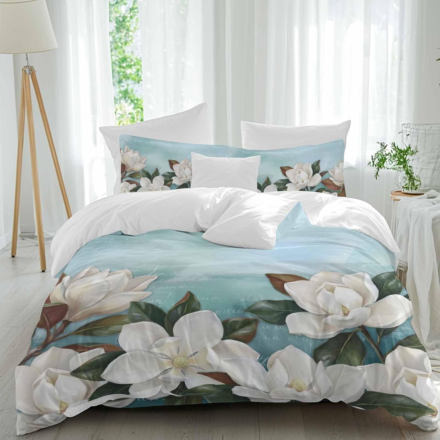 White Floral Duvet Cover Set Queen Size 4 Pieces Spring White Magnolia Vintage Plants Farmhouse Farm Blue Bedding Set with Zipper Closure, 1 Comforter Cover 86x86 Inches 1 Flat Sheet & 2 Pillow Cases