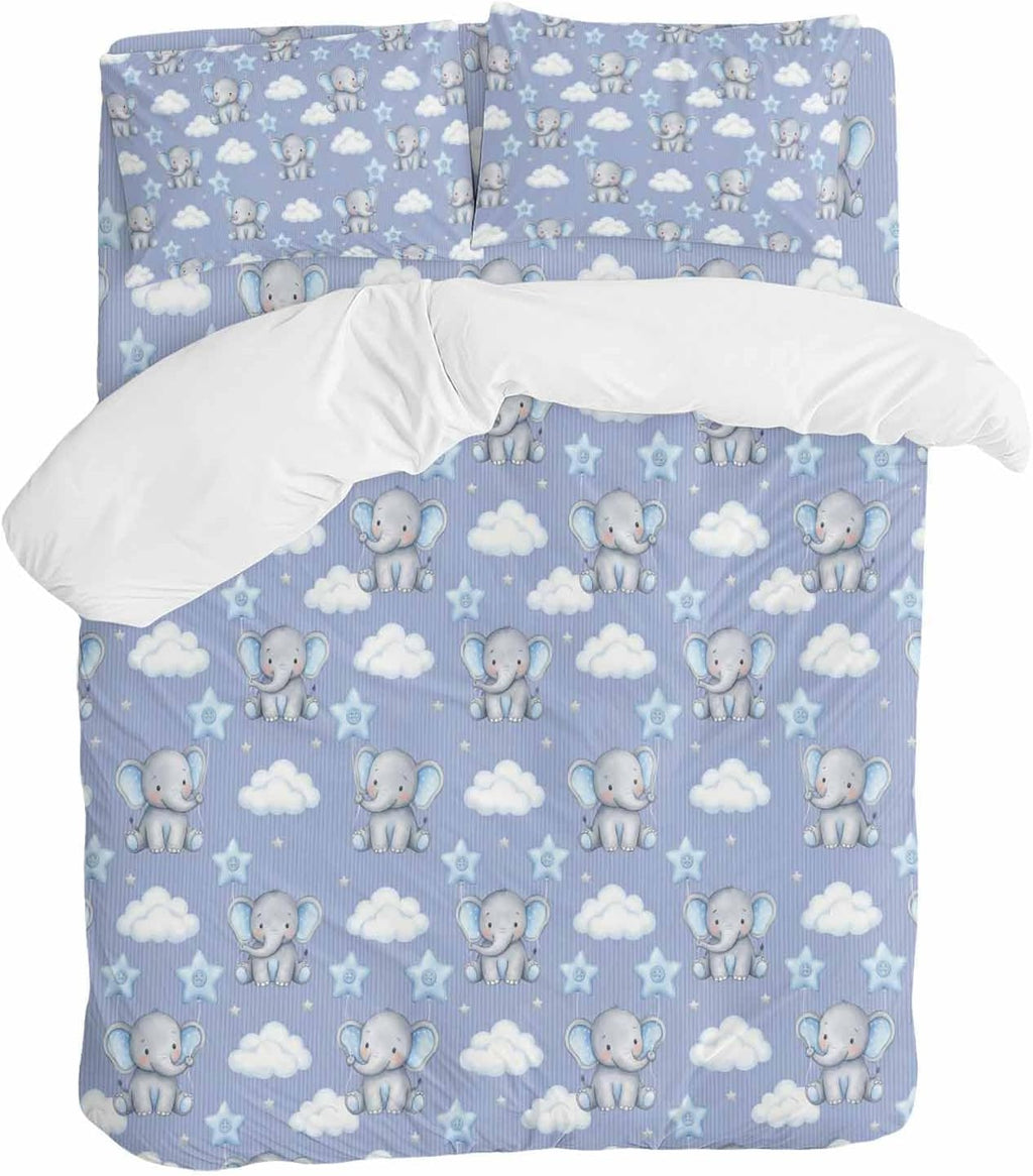 Blue Dreamy Elephant Duvet Cover Set Queen Size 4 Pieces Cartoon Animal Cloud Stars Fairytale Style Bedding Set with Zipper Closure, 1 Comforter Cover 90x92 Inches 1 Flat Sheet & 2 Pillow Cases