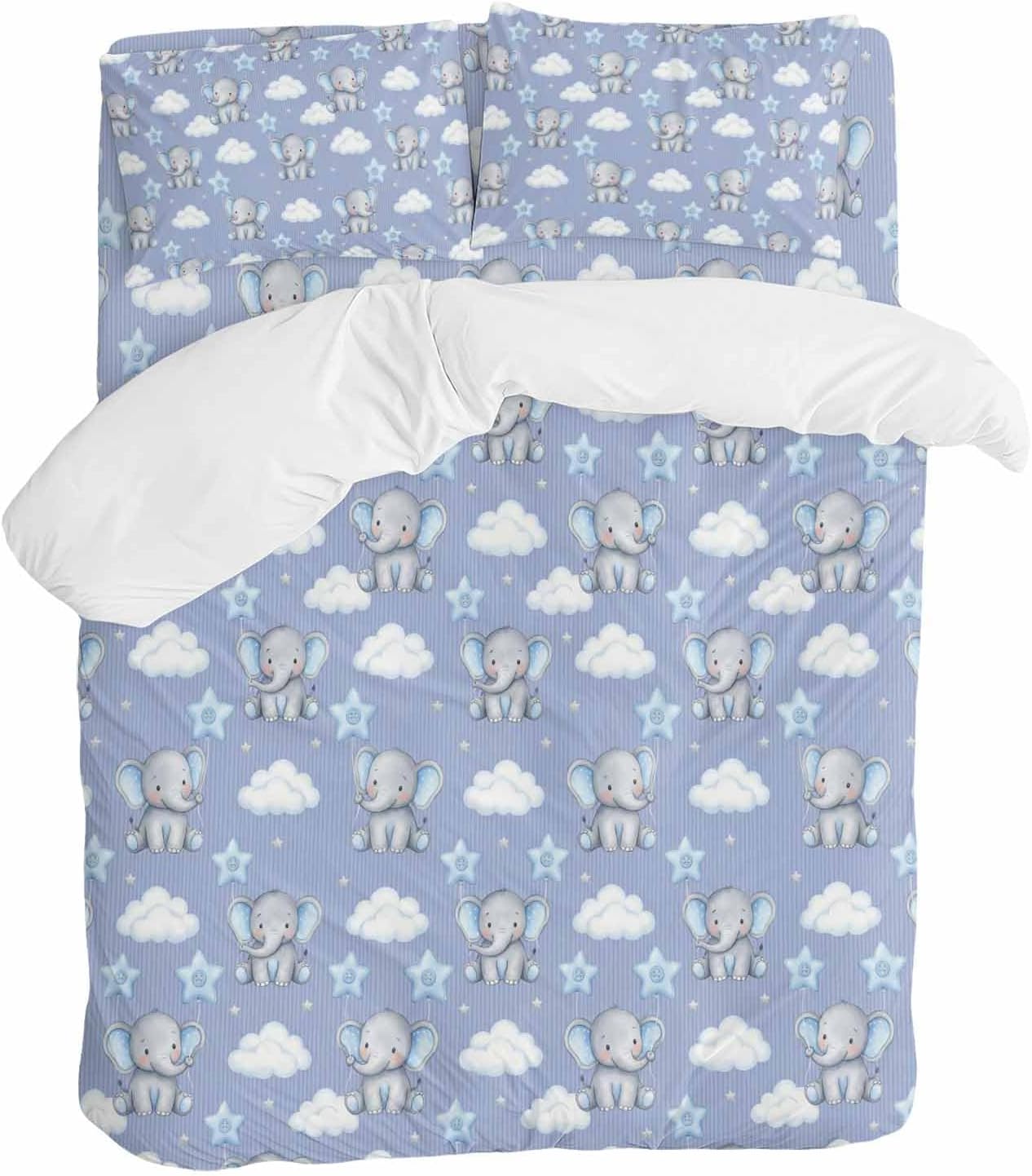 Blue Dreamy Elephant Duvet Cover Set Queen Size 4 Pieces Cartoon Animal Cloud Stars Fairytale Style Bedding Set with Zipper Closure, 1 Comforter Cover 90x92 Inches 1 Flat Sheet & 2 Pillow Cases