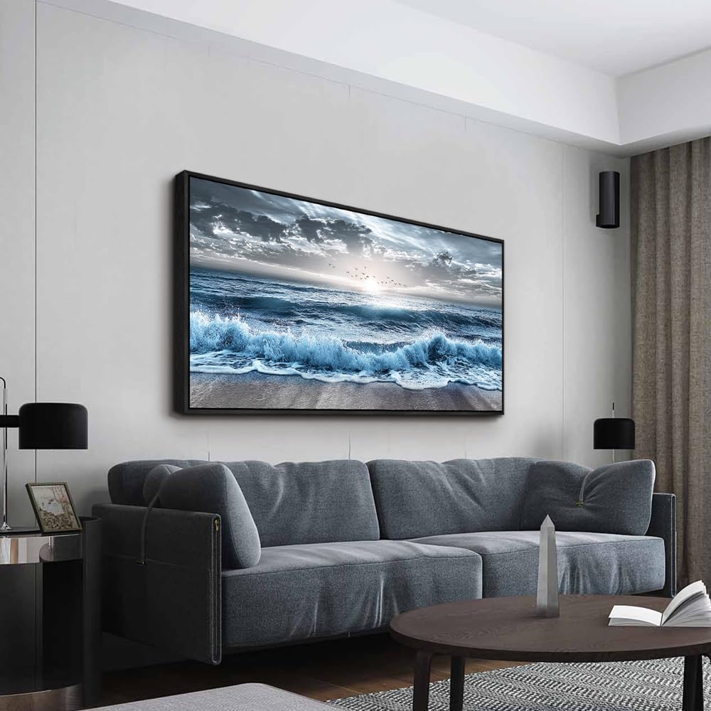 ERQINHUA Large Wall Decor For Bedroom Wall Art For Living Room Office Decor Blue Beach Sea Wave Paintings Sunrise Ocean Seascape Wall Pictures Canvas Artwork Modern Home Decor Black Frame 30x60 In
