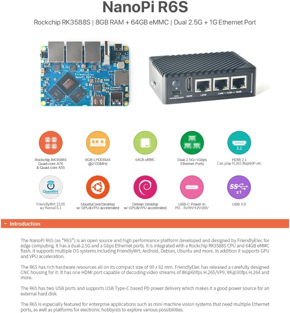 Nanopi R6S Mini WiFi Router Linux OpenWRT - 8GB LPDDR4X RAM 64GB eMMC, 8K Video Decoder Encoder, RK3588S SoC with 6TOPs NPU, 2X 2.5G &1G Gbps Ethernet for IoT NAS Smart Home Gateway (TF Card Kit)