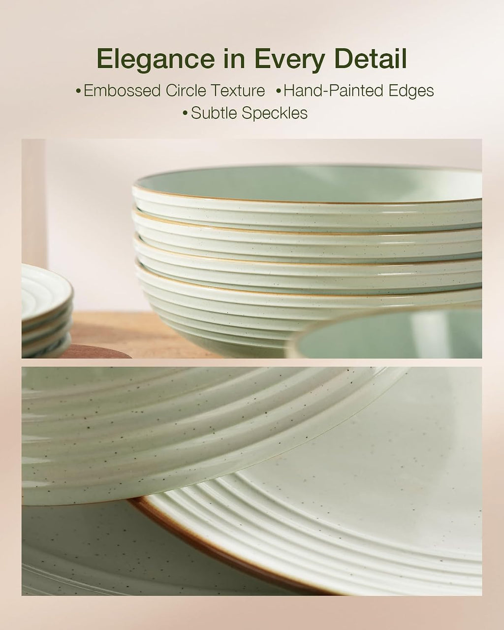 Famiware Jupiter 24-Piece Stoneware Dinnerware Set, Handcrafted Plates and Bowls with Speckles & Embossed Swirls, Chip/Scratch Resistant, Microwave/Dishwasher Safe, Rustic Dishes, Service for 8, Green