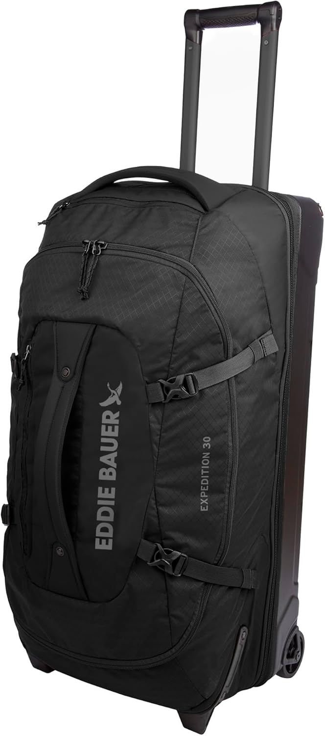 Eddie Bauer Expedition Rolling Duffel Bag with Wheels | Travel | Check-In | Luggage | Rugged | Durable - Black, 30'