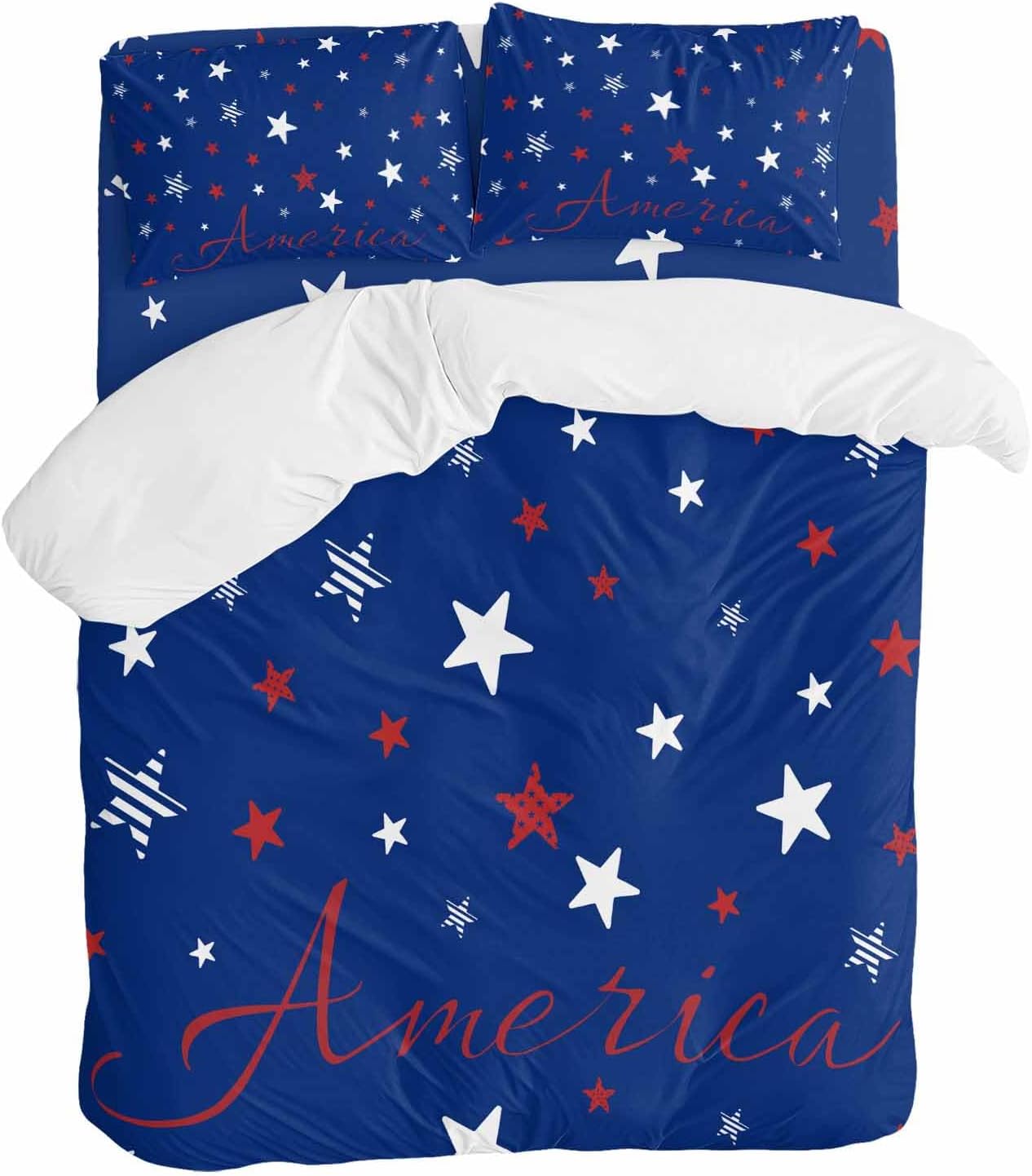 Independence Day Duvet Cover Set Queen Size 4 Pieces Blue White Pentagram America Blue Background Bedding Set with Zipper Closure, 1 Comforter Cover 90x92 Inches 1 Flat Sheet & 2 Pillow Cases