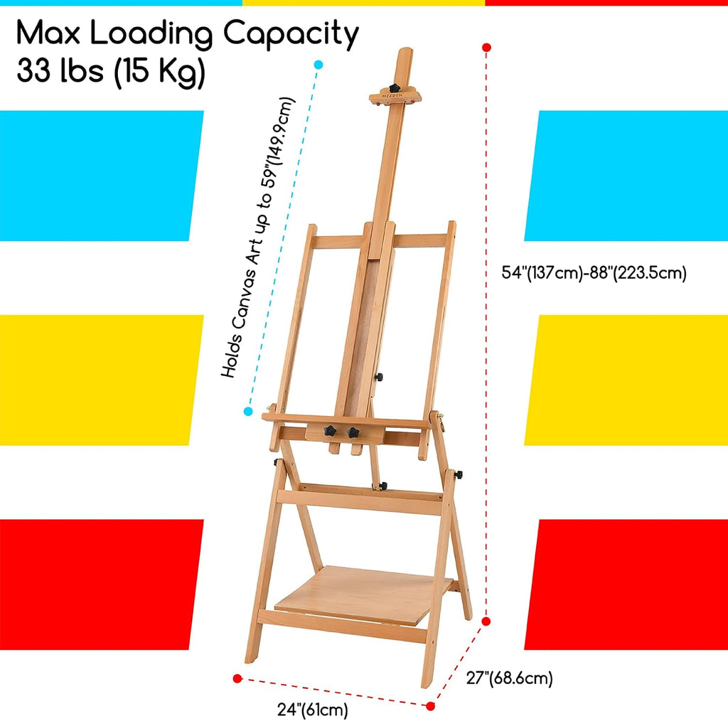 MEEDEN Large Studio Artist Easel, Adjustable Studio Painting Easel, Solid Beechwood H Frame Easel, Display Art Easel for Watercolor, Acrylic, Oil Painting, Adjusts to Max 88', Hold Canvas Up to 59'