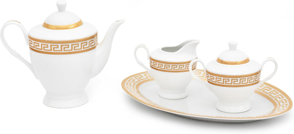 Vintage Dinnerware Set for 8-57 Piece Porcelain Dining Set - Gorgeous White and Gold Greek Key Design - Plates, Bowls, Cups and Saucers - For Everyday Use and Special Events (Meander Gold 2057)