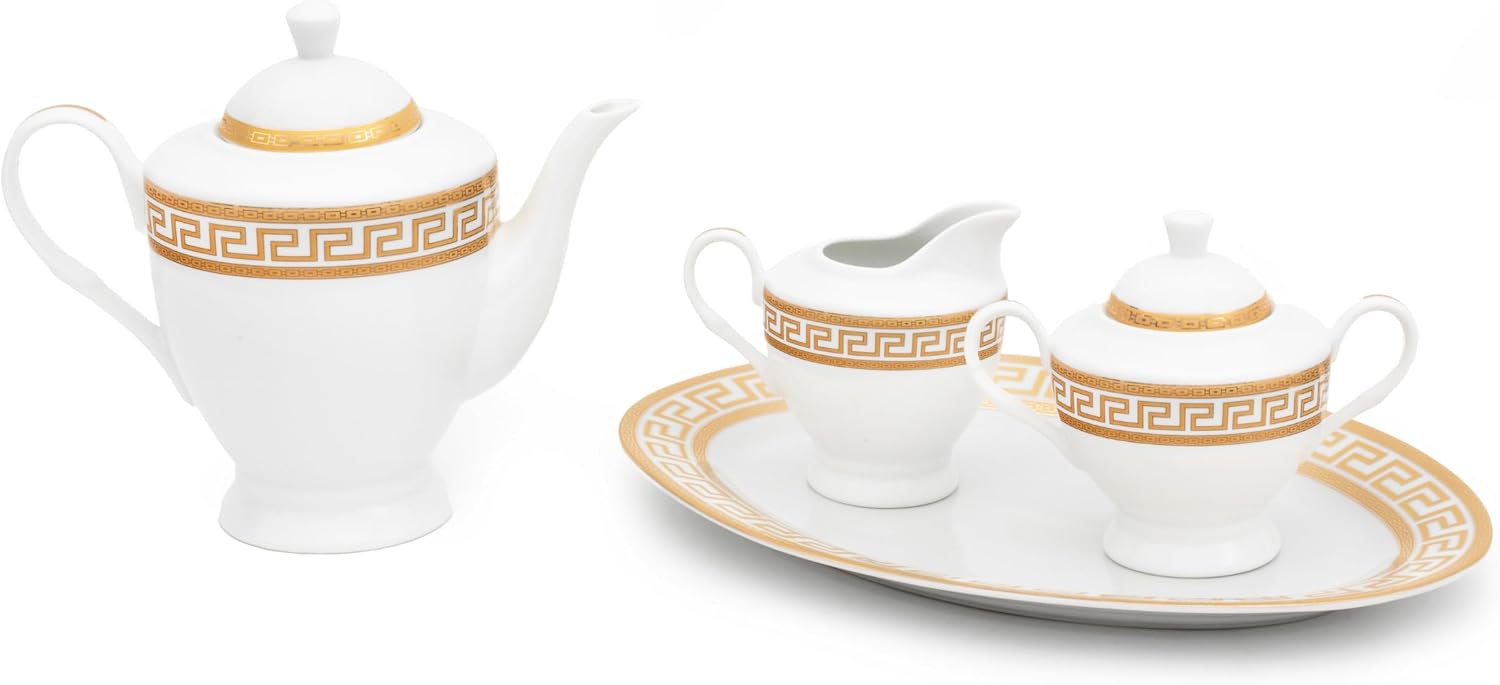 Vintage Dinnerware Set for 8-57 Piece Porcelain Dining Set - Gorgeous White and Gold Greek Key Design - Plates, Bowls, Cups and Saucers - For Everyday Use and Special Events (Meander Gold 2057)