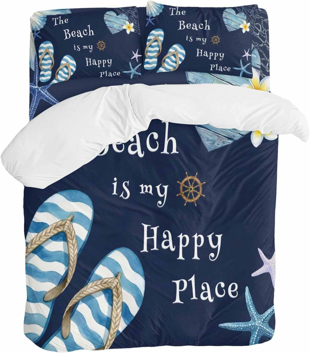 The Beach Is My Happy Place Duvet Cover Set Queen Size 4 Pieces Summer Ocean Blue Slippers Starfish Shell Bedding Set with Zipper Closure, 1 Comforter Cover 86x86 Inches 1 Flat Sheet & 2 Pillow Cases