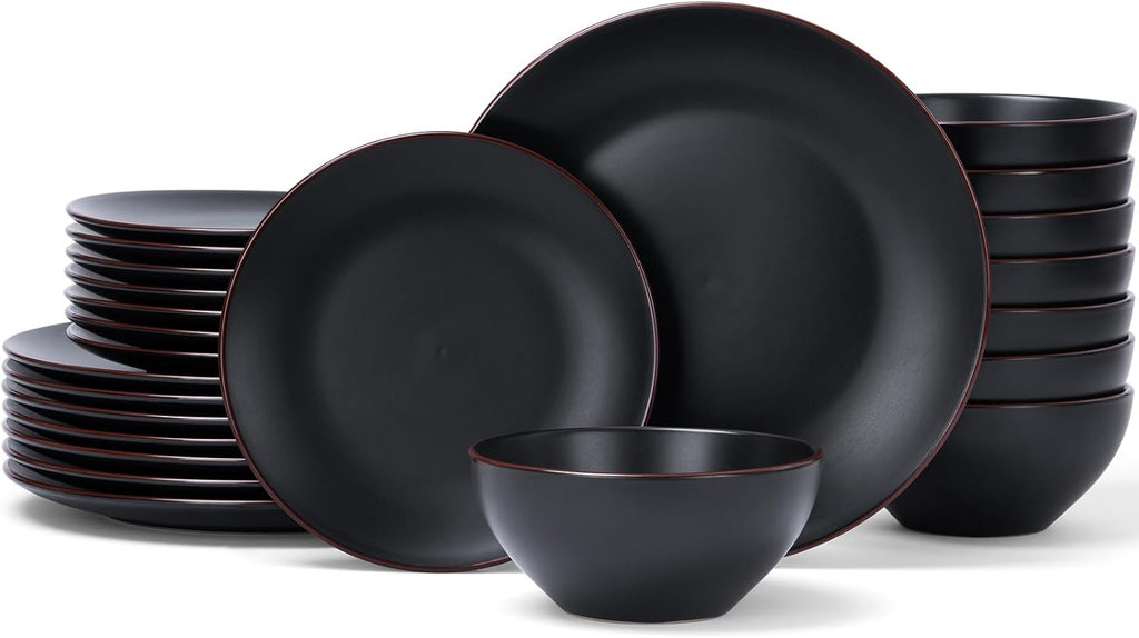 Famiware Venus Plates and Bowls Sets with Trim, 24 Pieces Stoneware Dinnerware Set for 8, Matte Black - Microwave/Dishwasher Safe, Modern Minimalist, Chip‑Resistant Dishes for Everyday & Formal Dining