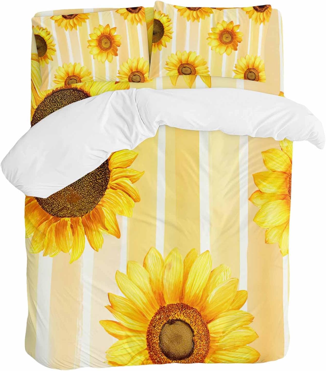 Prime Leader Sunflower Duvet Cover Set Queen Size 4 Pieces Yellow Floral Yellow Watercolor Strip Summer Bedding Set with Zipper Closure, 1 Comforter Cover 90x92 Inches 1 Flat Sheet & 2 Pillow Cases