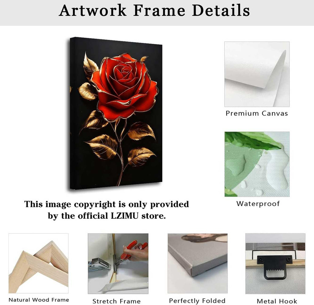 LZIMU Rose Canvas Wall Art Black and Gold Floral Picture Rose Flower Golden Leaf Painting Abstract Poster Print Elegant Modern Artwork Bathroom Bedroom Office Decor (Red, (42L x 28W))