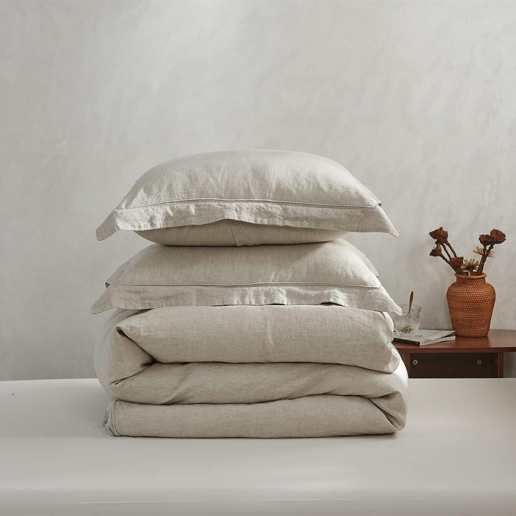 Simple&Opulence 100% French Flax Linen Duvet Cover Set with Embroidery Washed - 3 Pieces (1 Duvet Cover with 2 Pillow Shams) with Button Closure Soft Breathable Farmhouse - Linen, King Size
