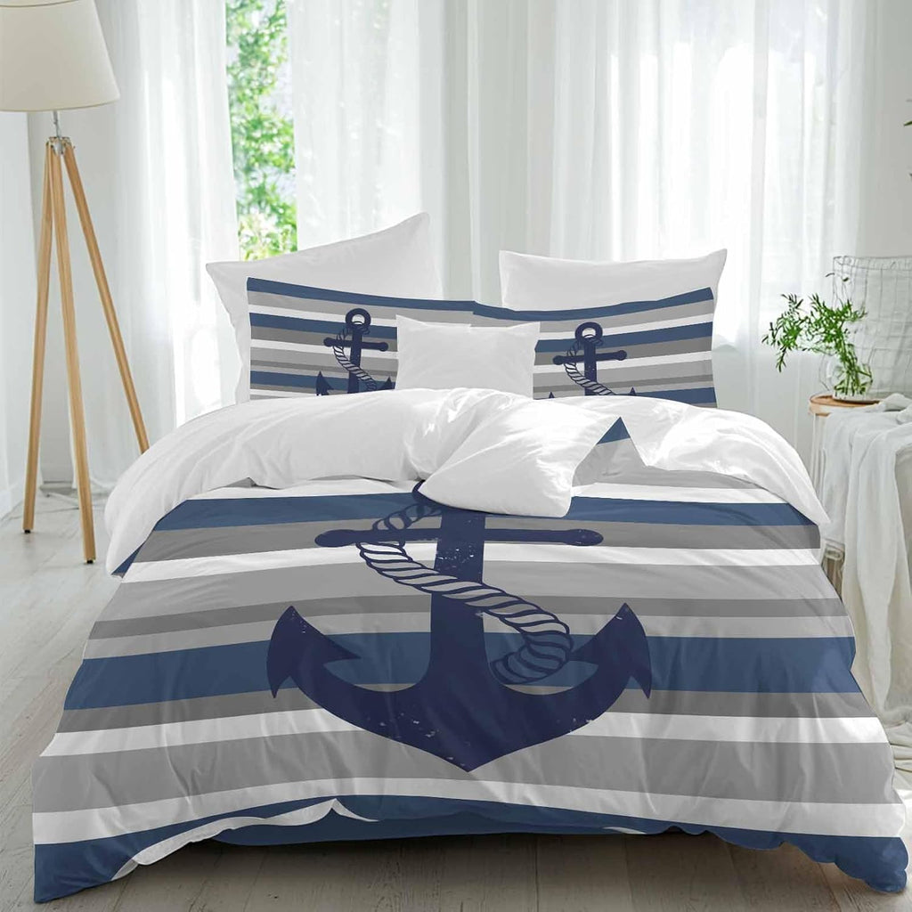 Nautical Anchor Duvet Cover Set Queen Size 4 Pieces Navy Blue Grey Stripe Modern Simplistic Striped Bedding Set with Zipper Closure, 1 Comforter Cover 90x92 Inches 1 Flat Sheet & 2 Pillow Cases