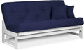Nirvana Futons Arden White Futon Set Full or Queen Size - Armless Wood Futon Frame with Mattress Included (Twill Navy Blue), More Mattress Colors Available, Space Saving Modern Sofa Bed Sleeper
