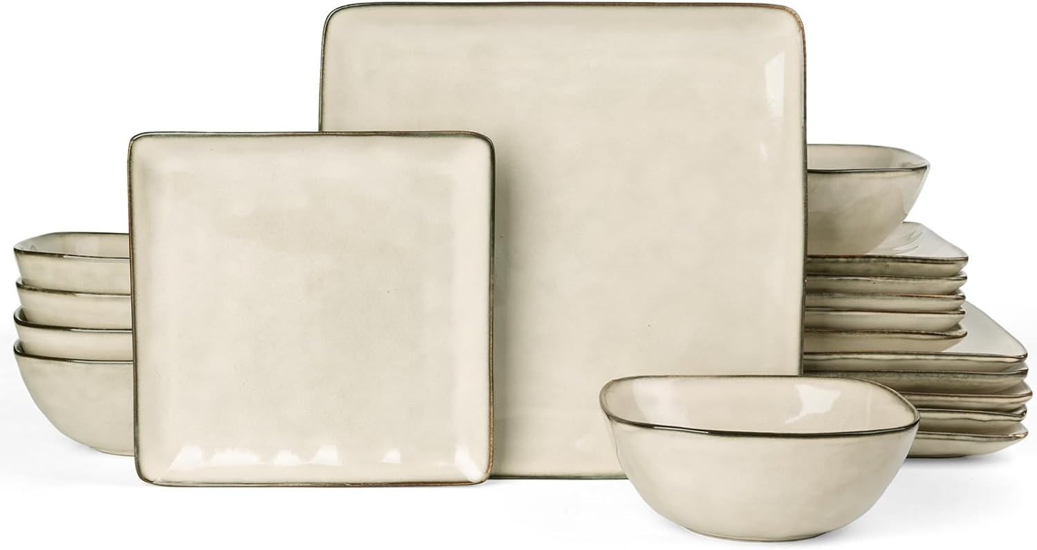 Famiware Stoneware Dinnerware Sets for 6, Ocean Square 18-Piece Kitchen Plates and Bowls Sets, Microwave and Dishwasher Safe, Scratch Resistant, Light khaki